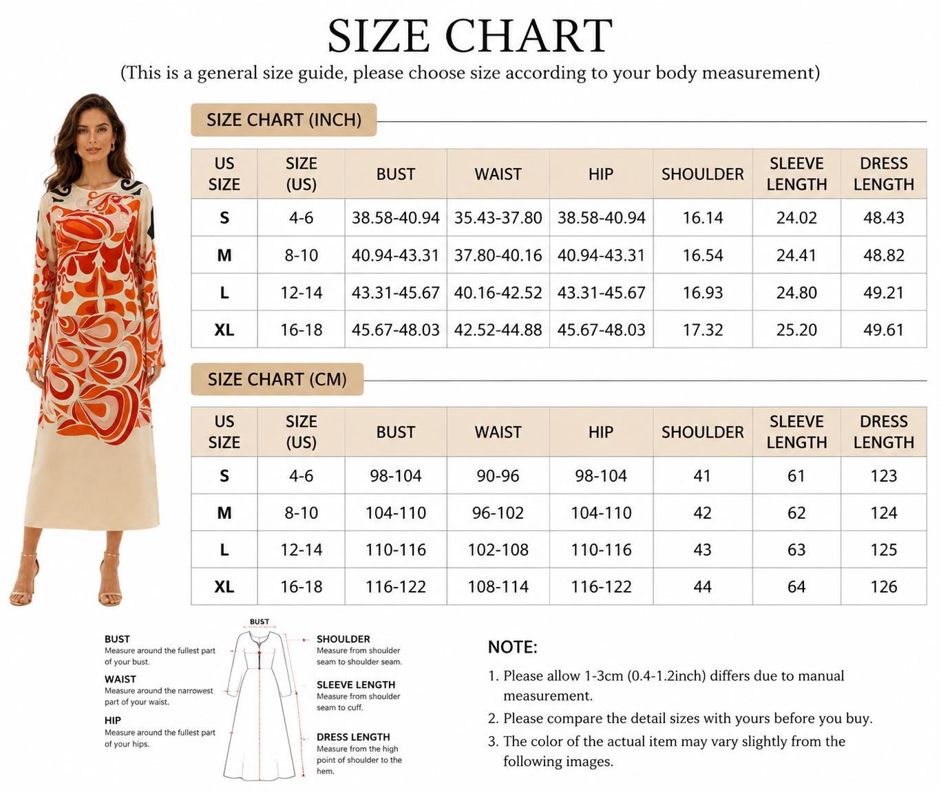 Light luxury satin orange abstract swirl print crew neck flared long sleeves midi dress Bohemian island vacation party high-end straight long dress