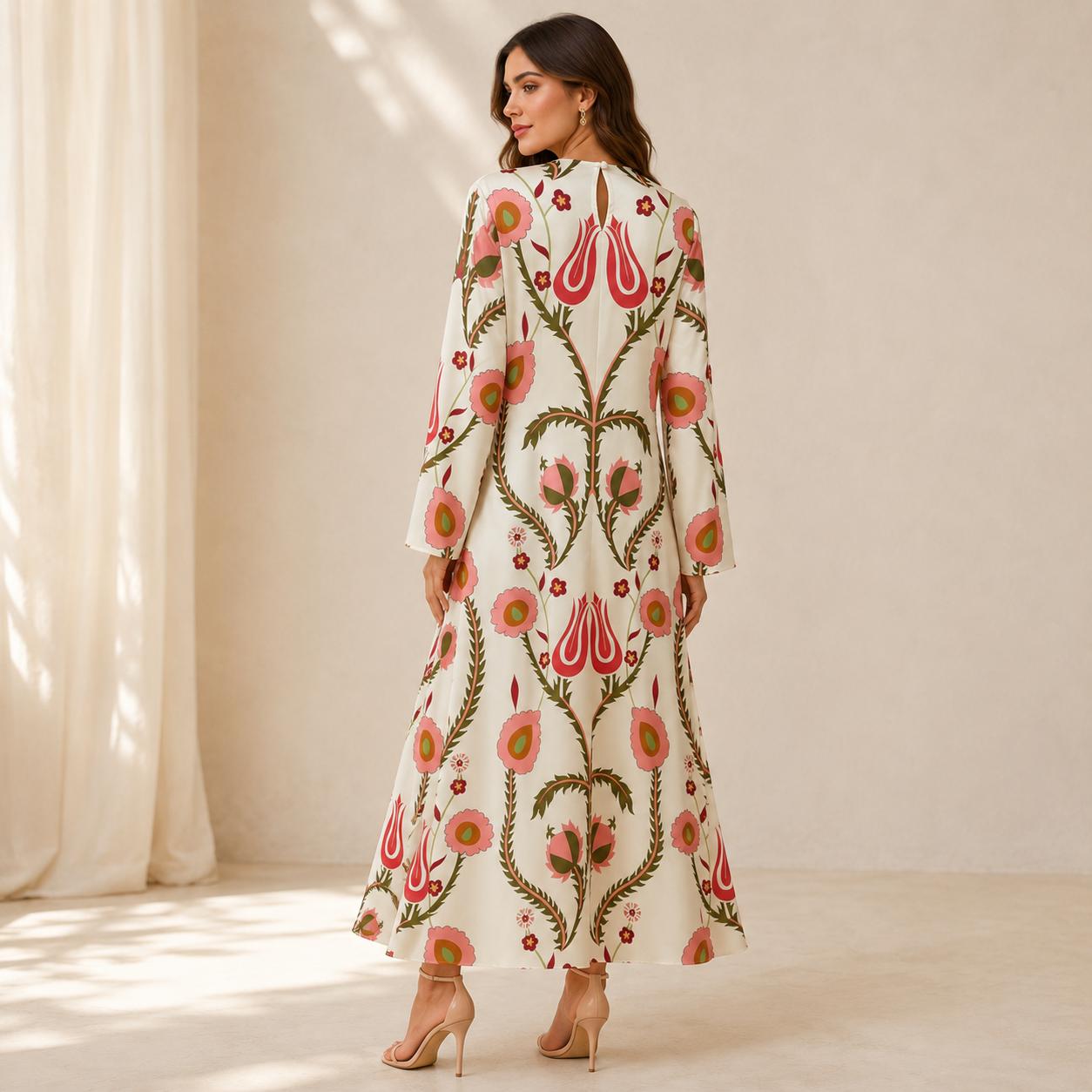Women's Luxurious Silk A-Line Maxi Dress - Crew Neck, Bell Long Sleeves, Floral Print, Bohemian Relaxed Loose Fit, Flowy Silhouette, Luxurious Statement Piece for Evening Occasions, Hand Wash Friendly
