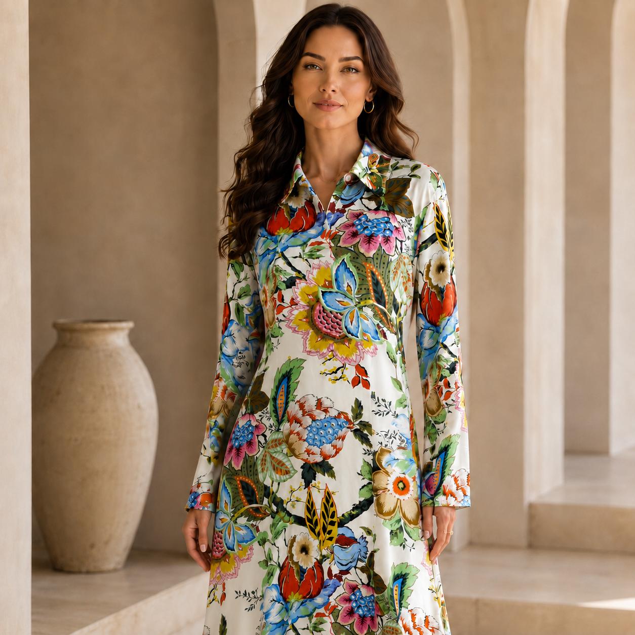Women’s Premium Silk Floral Maxi Dress – Elegant long-sleeve collared A-line dress for vacations and everyday wear