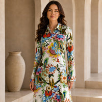 Women’s Premium Silk Floral Maxi Dress – Elegant long-sleeve collared A-line dress for vacations and everyday wear