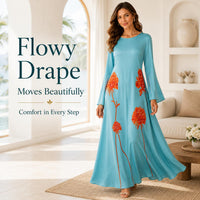 Light luxury faux silk long dress in lake blue and orange floral print, crew neck, bell sleeves, loose fit, maxi length; casual vacation style with a fluid drape and flared silhouette.