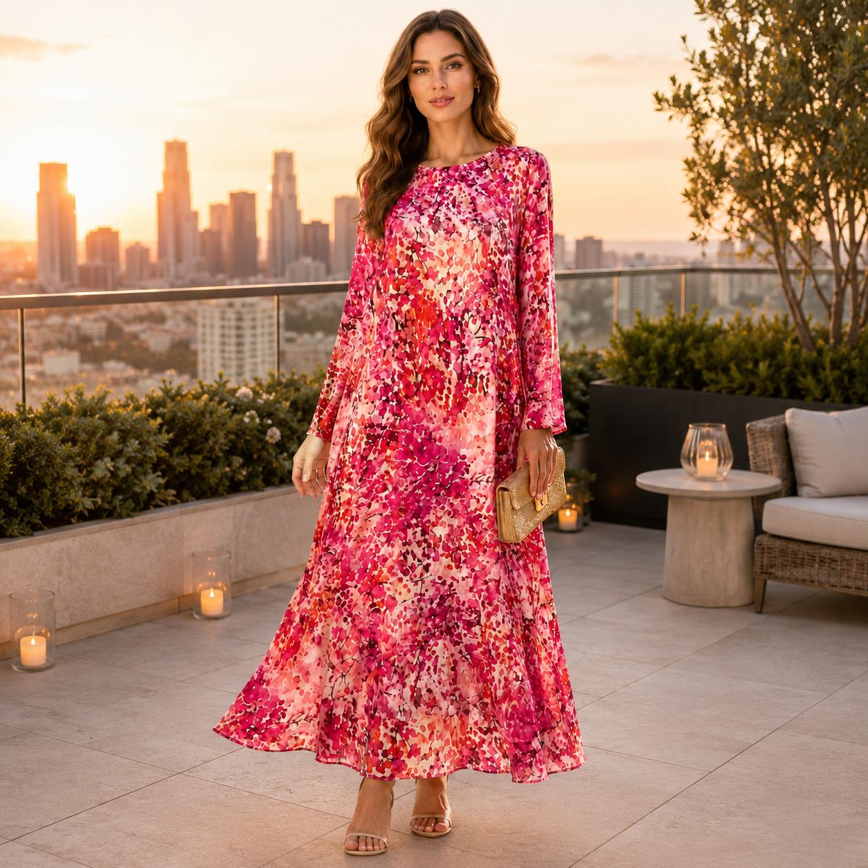 Women’s Premium Silk Fabric Floral Print Longsleeve Maxi Dress - Round Neck, Flowy A-Line, Elegant Casual Wear for Brunch Dates, Daily Use - Hand Wash Only Casual Dresses (Dry Clean Recommended, Do Not Bleach, Hang Dry)