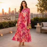 Women’s Premium Silk Fabric Floral Print Longsleeve Maxi Dress - Round Neck, Flowy A-Line, Elegant Casual Wear for Brunch Dates, Daily Use - Hand Wash Only Casual Dresses (Dry Clean Recommended, Do Not Bleach, Hang Dry)