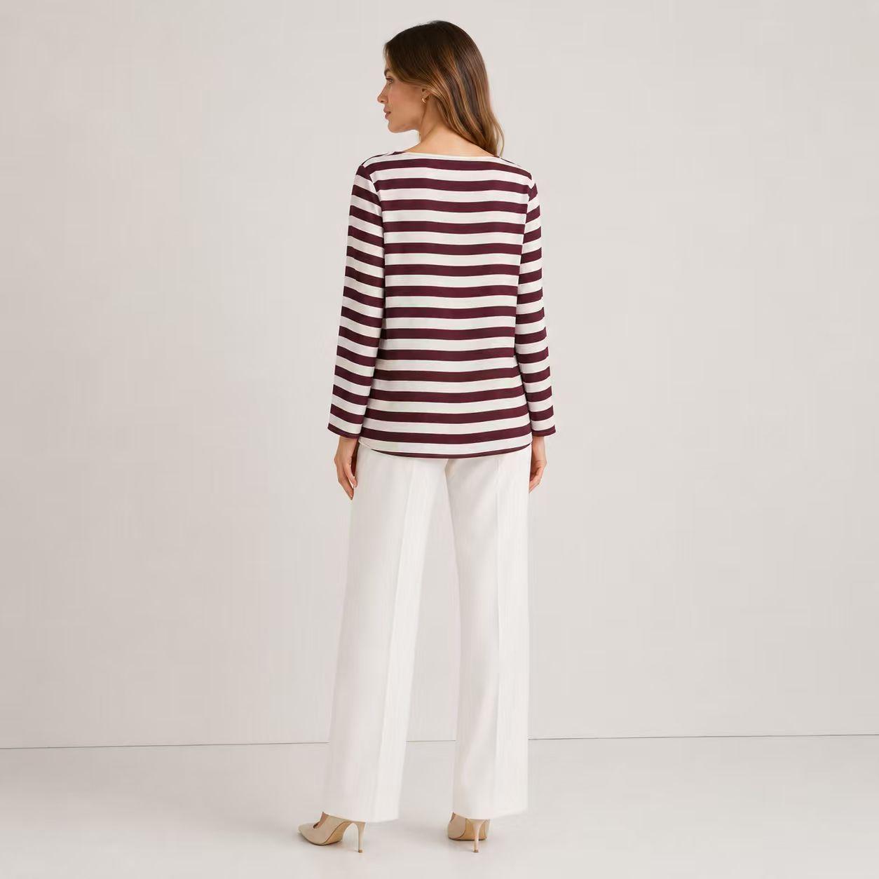 Women's Silky Satin Stripe Pattern Tshirt - Burgundy & White, Boat Neck, Long Sleeve, Relaxed Cut, Flared Sleeves, Breathable Pullover, Regular Sizes, Minimalist Casual Commuter Basic Knit Blouse Top
