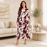 Women's Silk Full-Length A-Line Cut Dress, Elegant Artistic Print with Long Sleeves - Loose Fit for Vacation & Evening Formal Events