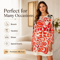 Women's Abstract Print Longsleeves Faux Silk Shift Dress - Round Neck, Knee-Length, Casual Vacation Wear