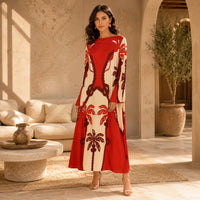 Women's Satin Pullover Crew Neck Bell Long Sleeve Maxi Dress, Bohemian Palm Tree Print Flowy Gown for Vacation, Upscale Dinner Dates, Hand Wash Casual Womenswear