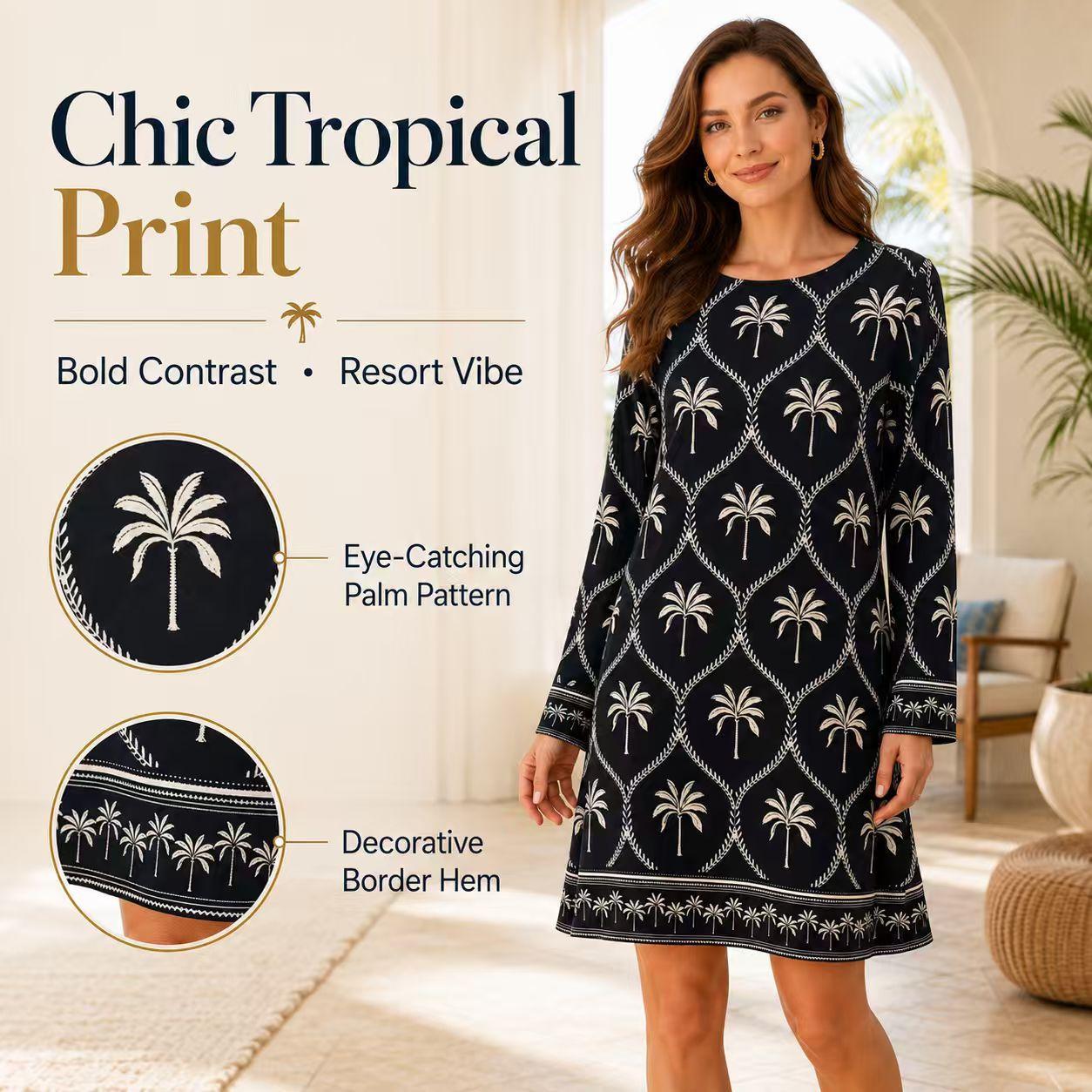 Women's Glossy Satin Palm Print Casual Dress - Crew Neck (Round Neck), Long Sleeve, Loose Straight Cut, Knee-Length, Light Luxury Boho Vacation Style, Dry Clean & Hand Wash Only, Long Sleeve Shirt, Boho Casual