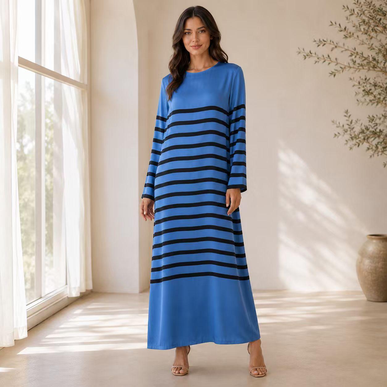Luxury premium satin maxi dress for women with blue and black striped print, elegant round neck, long sleeves, loose straight fit, floor length; bohemian resort casual vacation everyday long gown Womenswear Crewneck