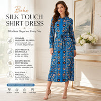 Light luxury faux silk long dress with a blue base, ethnic floral print, turn-down collar, long sleeves, and a cinched waist—Bohemian vacation style, mid-length, tie detail.