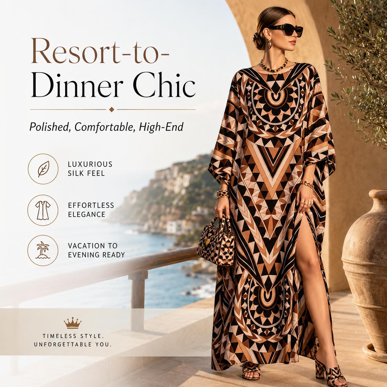 Women's Light Luxury Silk-Touch Faux Silk Longline Cover-Up Dress - Long Sleeve Dresses, Boho Chic, Ethnic Geometric Print, Crew Neck, Lantern Sleeves, Side Slits, Loose Fit, Ideal for Vacations, Beach Wear