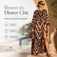 Women's Light Luxury Silk-Touch Faux Silk Longline Cover-Up Dress - Long Sleeve Dresses, Boho Chic, Ethnic Geometric Print, Crew Neck, Lantern Sleeves, Side Slits, Loose Fit, Ideal for Vacations, Beach Wear