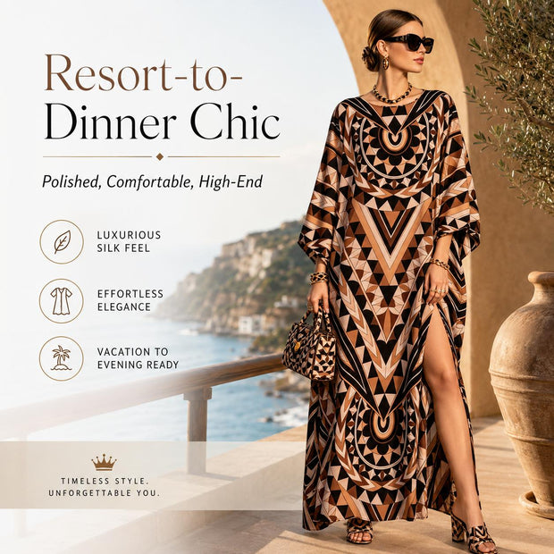 Women's Light Luxury Silk-Touch Faux Silk Longline Cover-Up Dress - Long Sleeve Dresses, Boho Chic, Ethnic Geometric Print, Crew Neck, Lantern Sleeves, Side Slits, Loose Fit, Ideal for Vacations, Beach Wear