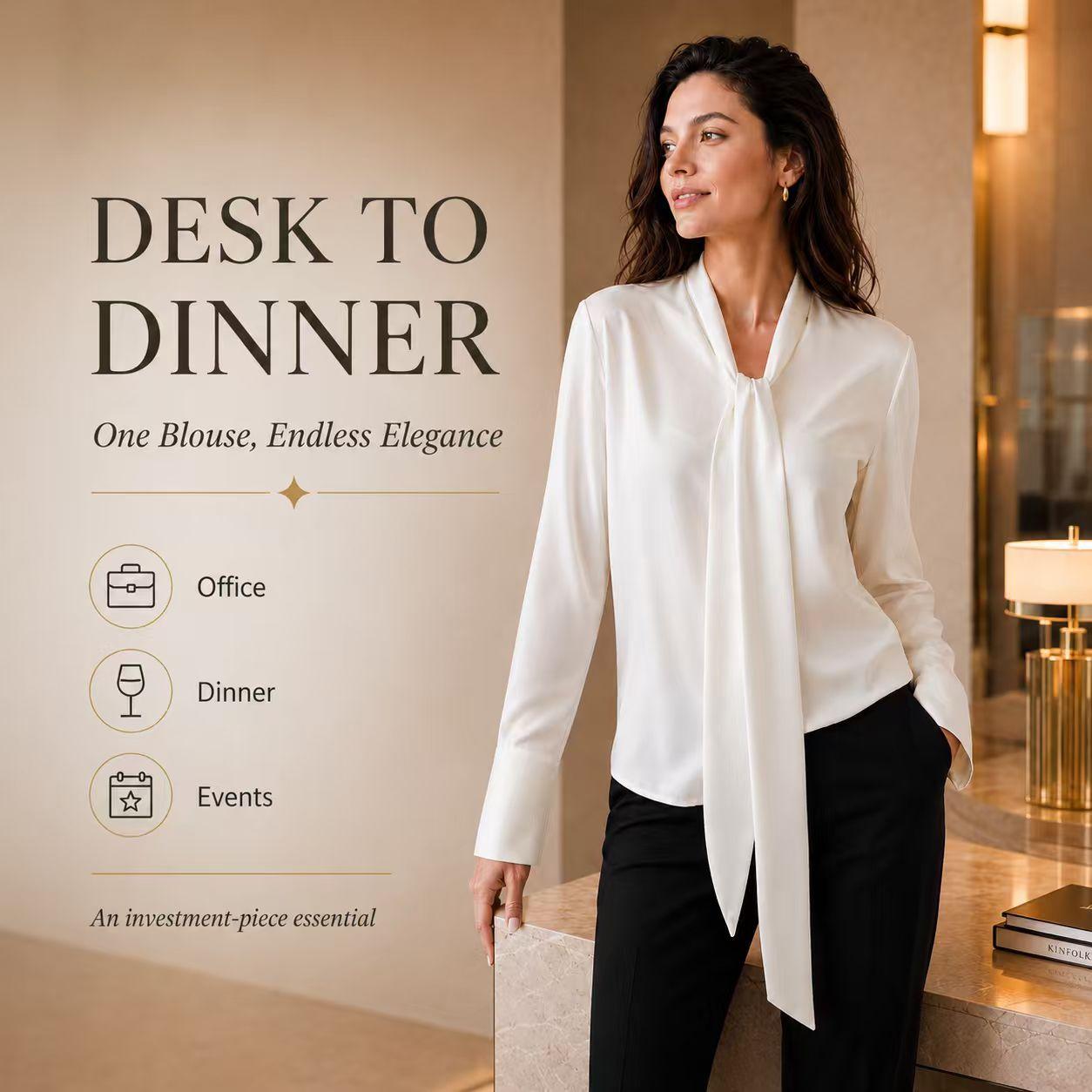 Women’s Formal Fit Chic Smooth Silk-Feel Tie-Neck Long Sleeve Blouse - Comfortable Fabric Office Workwear for Dressy Business Casual Pairing with Skirts, Suits, Trousers, Fitted
