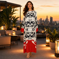 Women's Premium Silk Maxi Dress, Elegant Long Sleeve Floral Print Loose Fit Dress, Luxury Vacation Evening Dress for Women