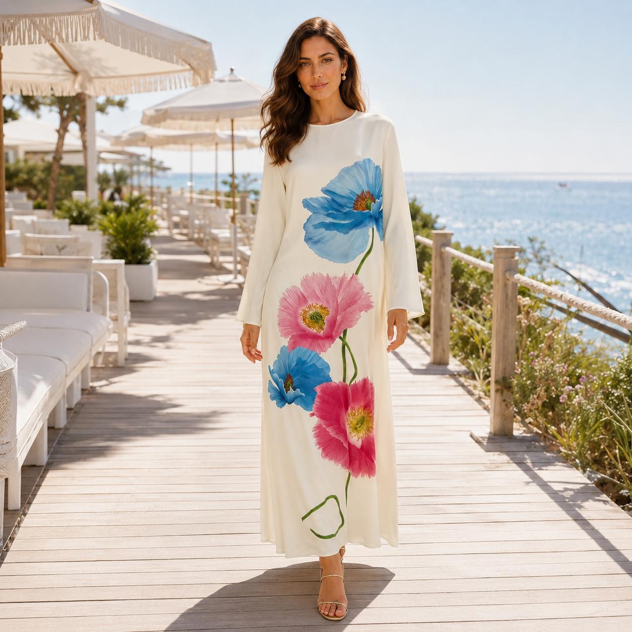 Women’s Premium Silk Round Neck Longsleeve Oversized Orchid Floral Design Dress - Loose-Fit A-Line Flowing Maxi, Elegant Silk Fabric, Formal Dinner Vacation Party Casual Womenswear Crewneck