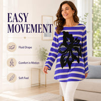 Women's Light Luxury Breathable Faux Silk Striped Blouse - Blue & White Horizontal Stripes, 3D Floral Appliqué, Crew Neck, Longsleeves, Mid-Length, Relaxed Fit, Plus Size Curve-Concealing Clothes