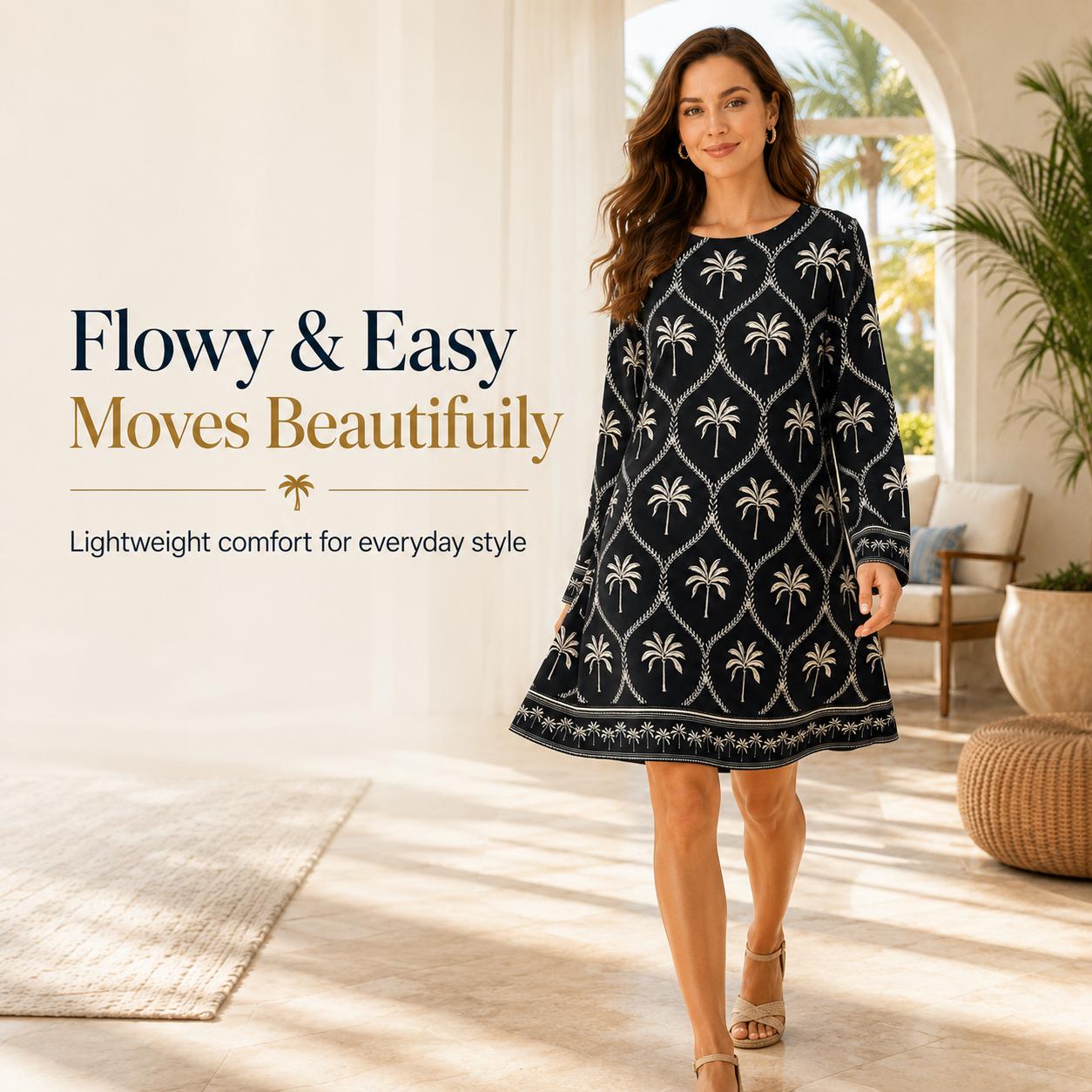 Women's Glossy Satin Palm Print Casual Dress - Crew Neck (Round Neck), Long Sleeve, Loose Straight Cut, Knee-Length, Light Luxury Boho Vacation Style, Dry Clean & Hand Wash Only, Long Sleeve Shirt, Boho Casual image 2