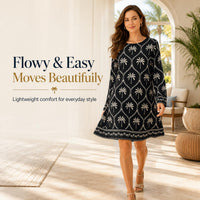 Women's Glossy Satin Palm Print Casual Dress - Crew Neck (Round Neck), Long Sleeve, Loose Straight Cut, Knee-Length, Light Luxury Boho Vacation Style, Dry Clean & Hand Wash Only, Long Sleeve Shirt, Boho Casual image 2