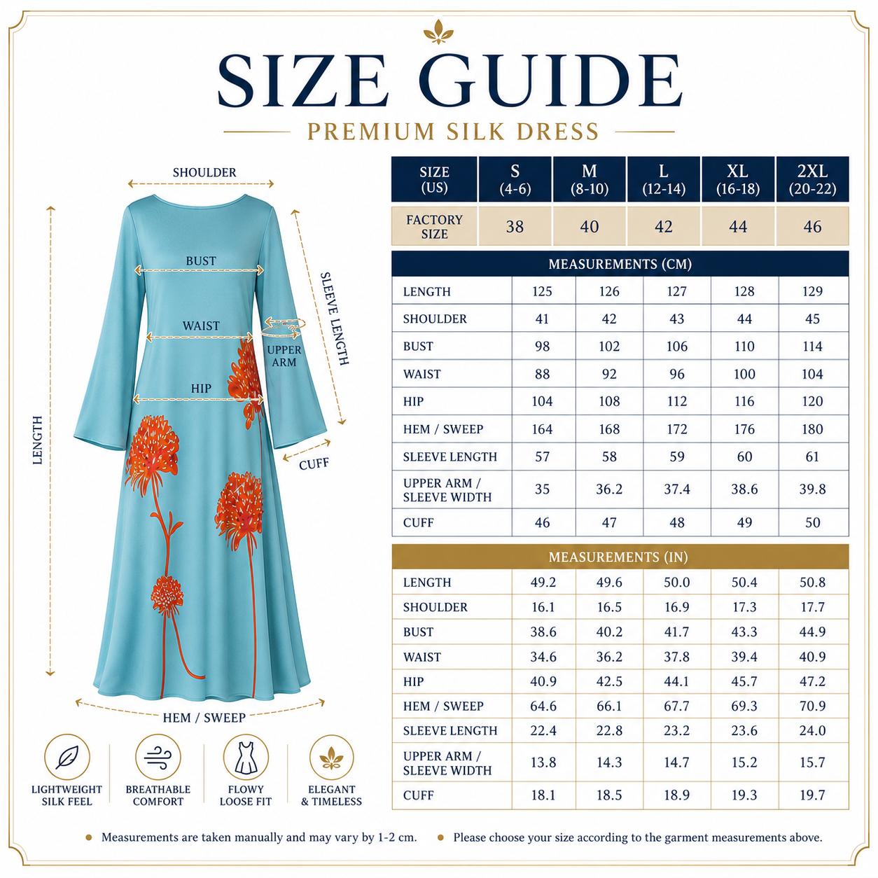 Light luxury faux silk long dress in lake blue and orange floral print, crew neck, bell sleeves, loose fit, maxi length; casual vacation style with a fluid drape and flared silhouette. image 2