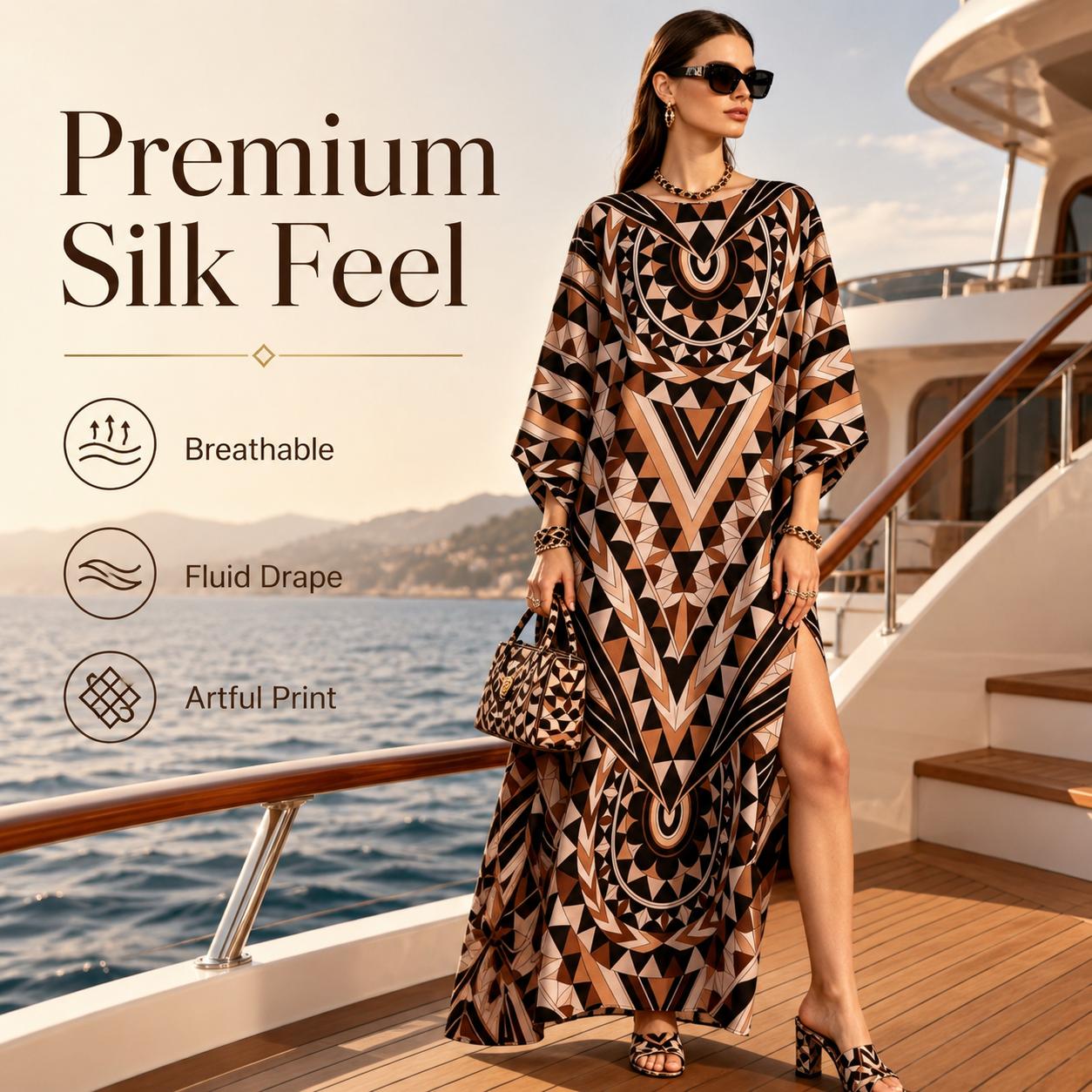Women's Light Luxury Silk-Touch Faux Silk Longline Cover-Up Dress - Long Sleeve Dresses, Boho Chic, Ethnic Geometric Print, Crew Neck, Lantern Sleeves, Side Slits, Loose Fit, Ideal for Vacations, Beach Wear image 2
