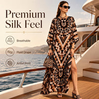 Women's Light Luxury Silk-Touch Faux Silk Longline Cover-Up Dress - Long Sleeve Dresses, Boho Chic, Ethnic Geometric Print, Crew Neck, Lantern Sleeves, Side Slits, Loose Fit, Ideal for Vacations, Beach Wear image 2