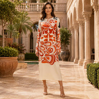 Light luxury satin orange abstract swirl print crew neck flared long sleeves midi dress Bohemian island vacation party high-end straight long dress image 2