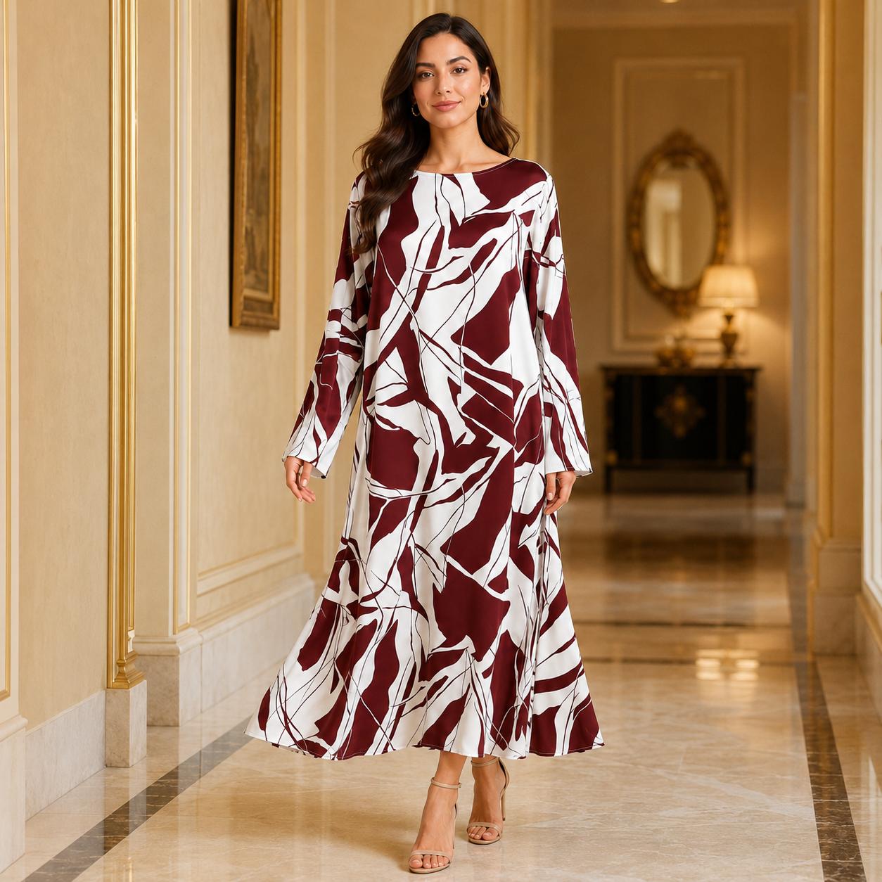 Women's Silk Full-Length A-Line Cut Dress, Elegant Artistic Print with Long Sleeves - Loose Fit for Vacation & Evening Formal Events image 2