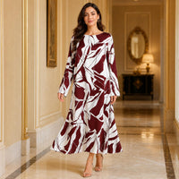 Women's Silk Full-Length A-Line Cut Dress, Elegant Artistic Print with Long Sleeves - Loose Fit for Vacation & Evening Formal Events image 2