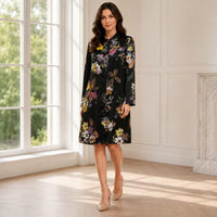 Women's Silky Satin Black Floral Print Long Sleeve Shirt Pullover - Collared Neck, Loose Straight Fit, Minimalist Knee-Length Shift Dress, Suitable for Office & Casual Wear Womenswear Summer image 2