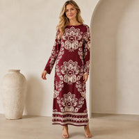 Luxury premium satin burgundy maxi dress for women with ethnic floral print, elegant round neck, long sleeves, loose straight fit, bohemian style, floor-length gown—ideal for resort vacations. Boho Chic Dress Summer image 2