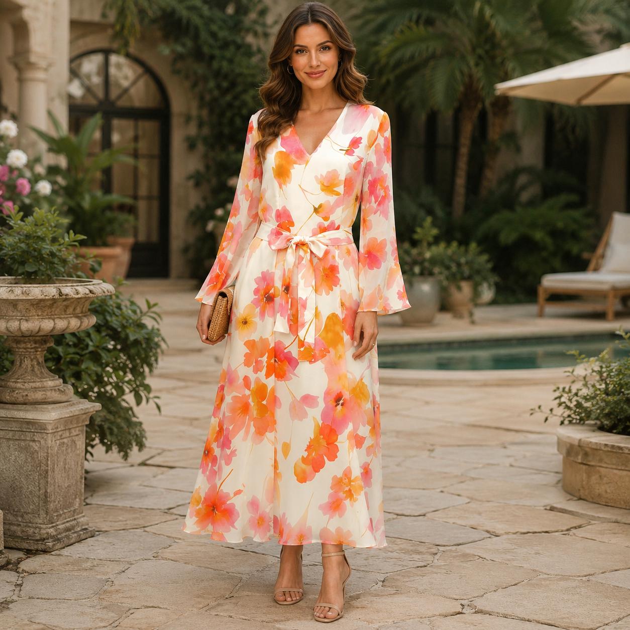 Women's Deep V-Neck Long Sleeve Silk Satin Maxi Dress - Orange Pink Floral Print Wrap Style with Waist Tie-Up Belt, Hand Wash, Elegant Flowy Long Length Wedding Guest Party Dress image 2