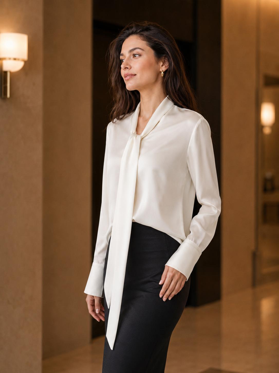 Women’s Formal Fit Chic Smooth Silk-Feel Tie-Neck Long Sleeve Blouse - Comfortable Fabric Office Workwear for Dressy Business Casual Pairing with Skirts, Suits, Trousers, Fitted image 2