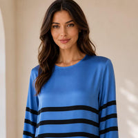 Luxury premium satin maxi dress for women with blue and black striped print, elegant round neck, long sleeves, loose straight fit, floor length; bohemian resort casual vacation everyday long gown Womenswear Crewneck image 2