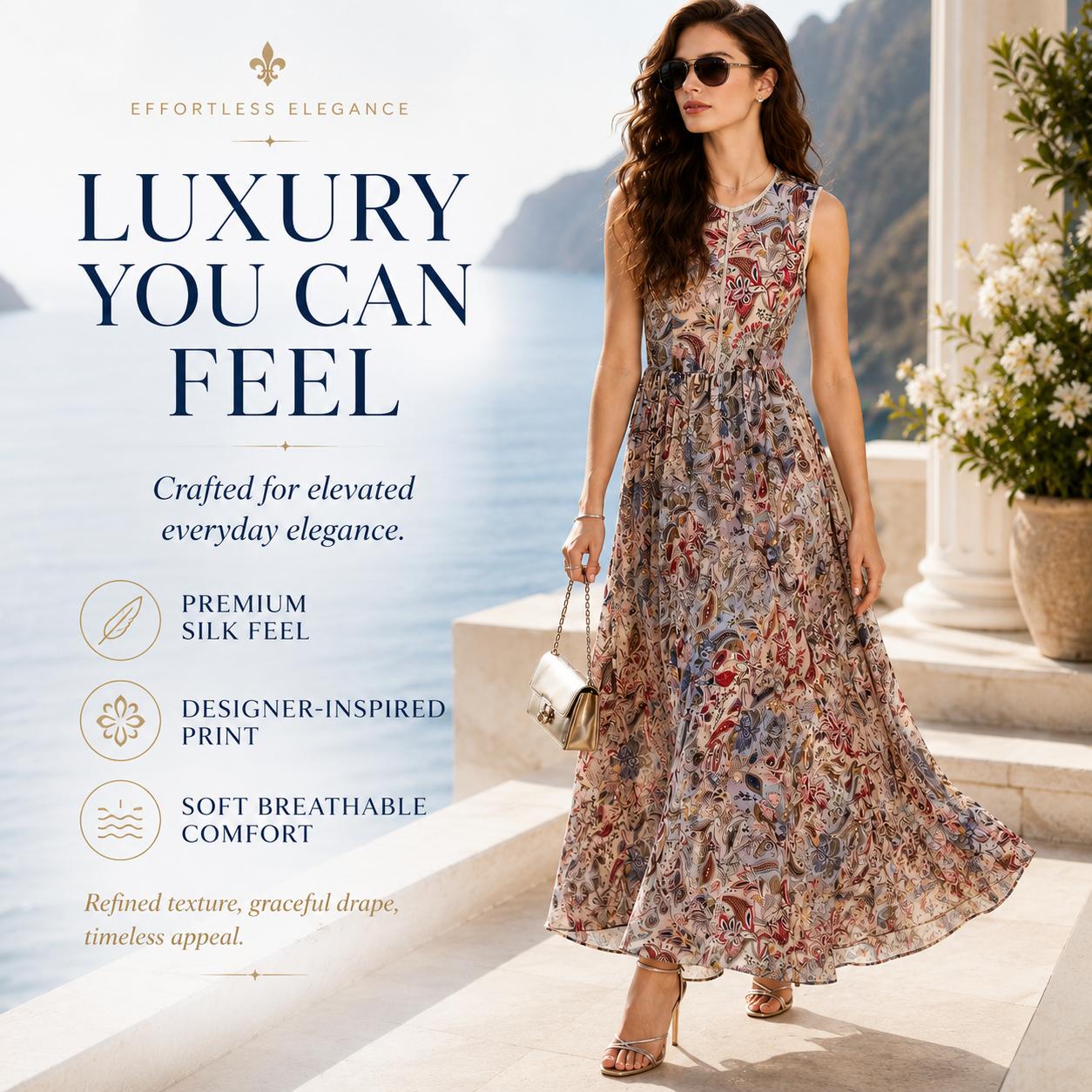 Women's Bohemian Pullover Maxi Dress - Silk Touch Rayon, Sleeveless Round Neck, Waist Cinch, Vintage Paisley Floral Mix, Light Luxury, Flowy Wide Hem, Vacation Beach Casual Womenswear image 2
