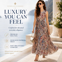 Women's Bohemian Pullover Maxi Dress - Silk Touch Rayon, Sleeveless Round Neck, Waist Cinch, Vintage Paisley Floral Mix, Light Luxury, Flowy Wide Hem, Vacation Beach Casual Womenswear image 2