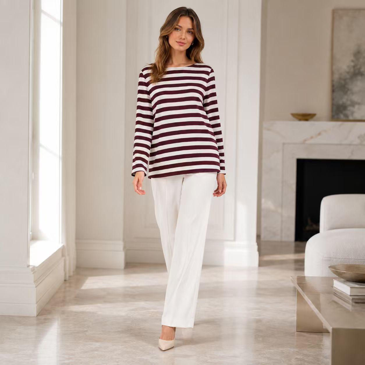 Women's Silky Satin Stripe Pattern Tshirt - Burgundy & White, Boat Neck, Long Sleeve, Relaxed Cut, Flared Sleeves, Breathable Pullover, Regular Sizes, Minimalist Casual Commuter Basic Knit Blouse Top image 2