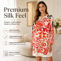 Women's Abstract Print Longsleeves Faux Silk Shift Dress - Round Neck, Knee-Length, Casual Vacation Wear image 2