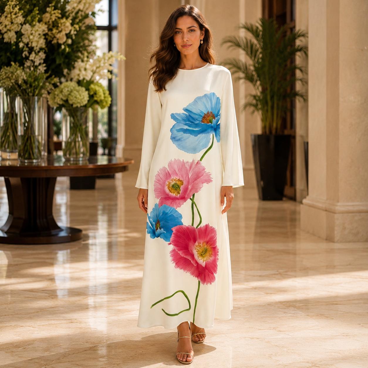 Women’s Premium Silk Round Neck Longsleeve Oversized Orchid Floral Design Dress - Loose-Fit A-Line Flowing Maxi, Elegant Silk Fabric, Formal Dinner Vacation Party Casual Womenswear Crewneck image 2