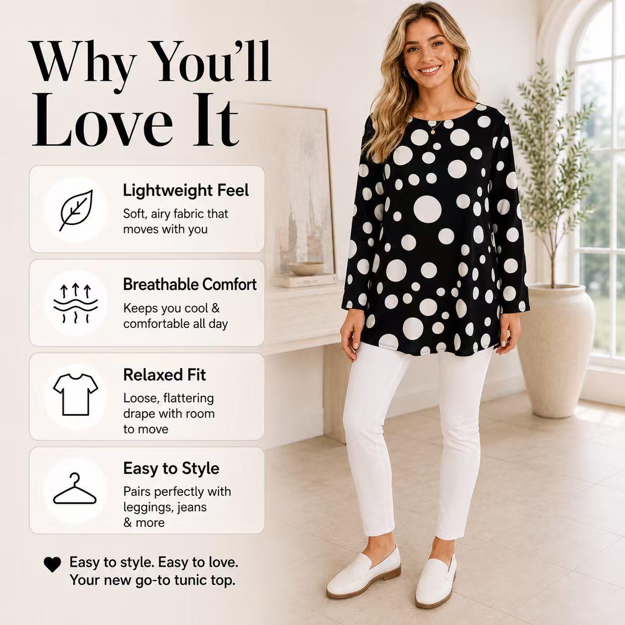 Women's Light Luxury Satin Crew Neck Long Sleeve Tunic Shirts - Black Base with Large Polka Dots, Mid-Length, Loose Drape, Curve-Hiding, Breathable Casual Bohemian Commuter Cover-Up Tops image 2