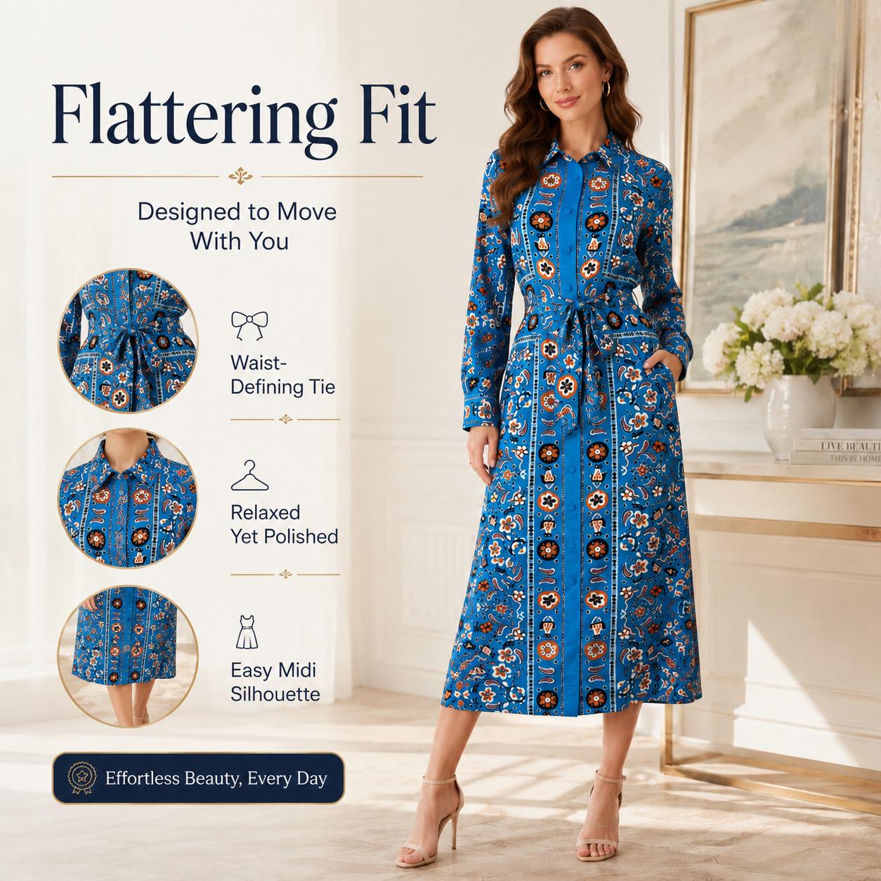 Light luxury faux silk long dress with a blue base, ethnic floral print, turn-down collar, long sleeves, and a cinched waist—Bohemian vacation style, mid-length, tie detail. image 2