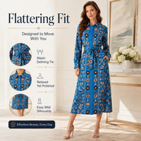 Light luxury faux silk long dress with a blue base, ethnic floral print, turn-down collar, long sleeves, and a cinched waist—Bohemian vacation style, mid-length, tie detail. image 2