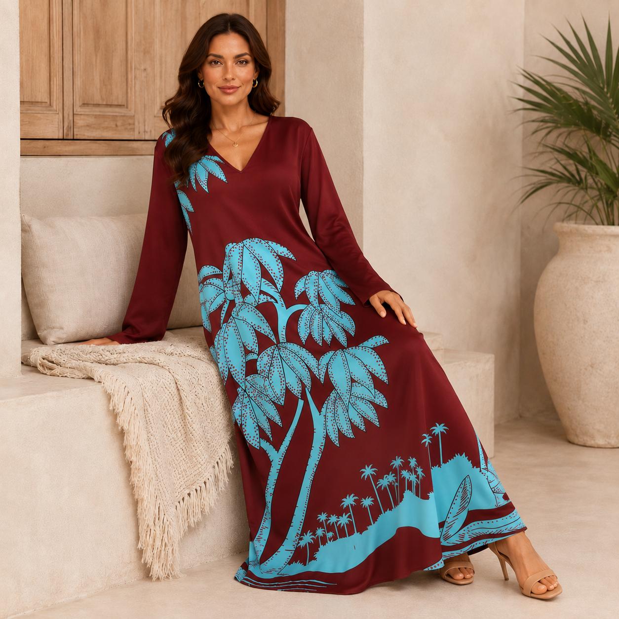 Women’s Premium Silk Maxi Dress - Long Sleeve V-Neck A-Line Tropical Print, Everyday Minimalist Beach Dress, Relaxed Flowy Lightweight Travel Casual Wear for Elegance & Style image 2