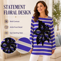 Women's Light Luxury Breathable Faux Silk Striped Blouse - Blue & White Horizontal Stripes, 3D Floral Appliqué, Crew Neck, Longsleeves, Mid-Length, Relaxed Fit, Plus Size Curve-Concealing Clothes image 2