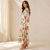 Women's Luxurious Silk A-Line Maxi Dress - Crew Neck, Bell Long Sleeves, Floral Print, Bohemian Relaxed Loose Fit, Flowy Silhouette, Luxurious Statement Piece for Evening Occasions, Hand Wash Friendly image 3