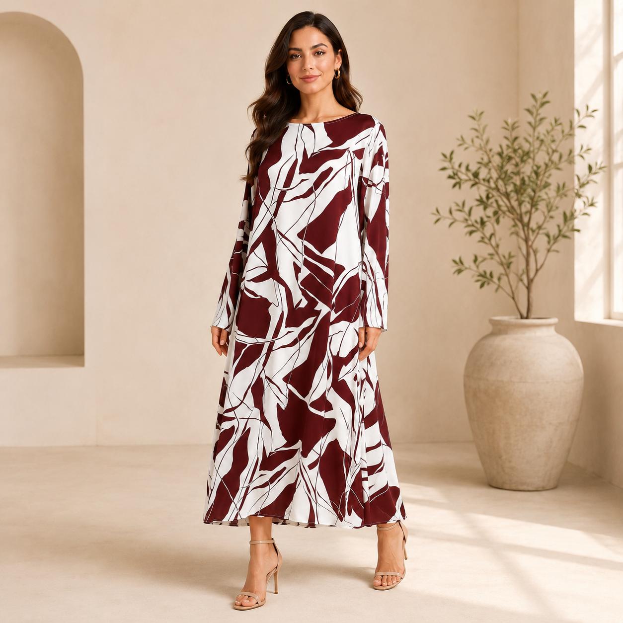 Women's Silk Full-Length A-Line Cut Dress, Elegant Artistic Print with Long Sleeves - Loose Fit for Vacation & Evening Formal Events image 3