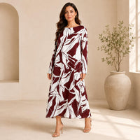 Women's Silk Full-Length A-Line Cut Dress, Elegant Artistic Print with Long Sleeves - Loose Fit for Vacation & Evening Formal Events image 3