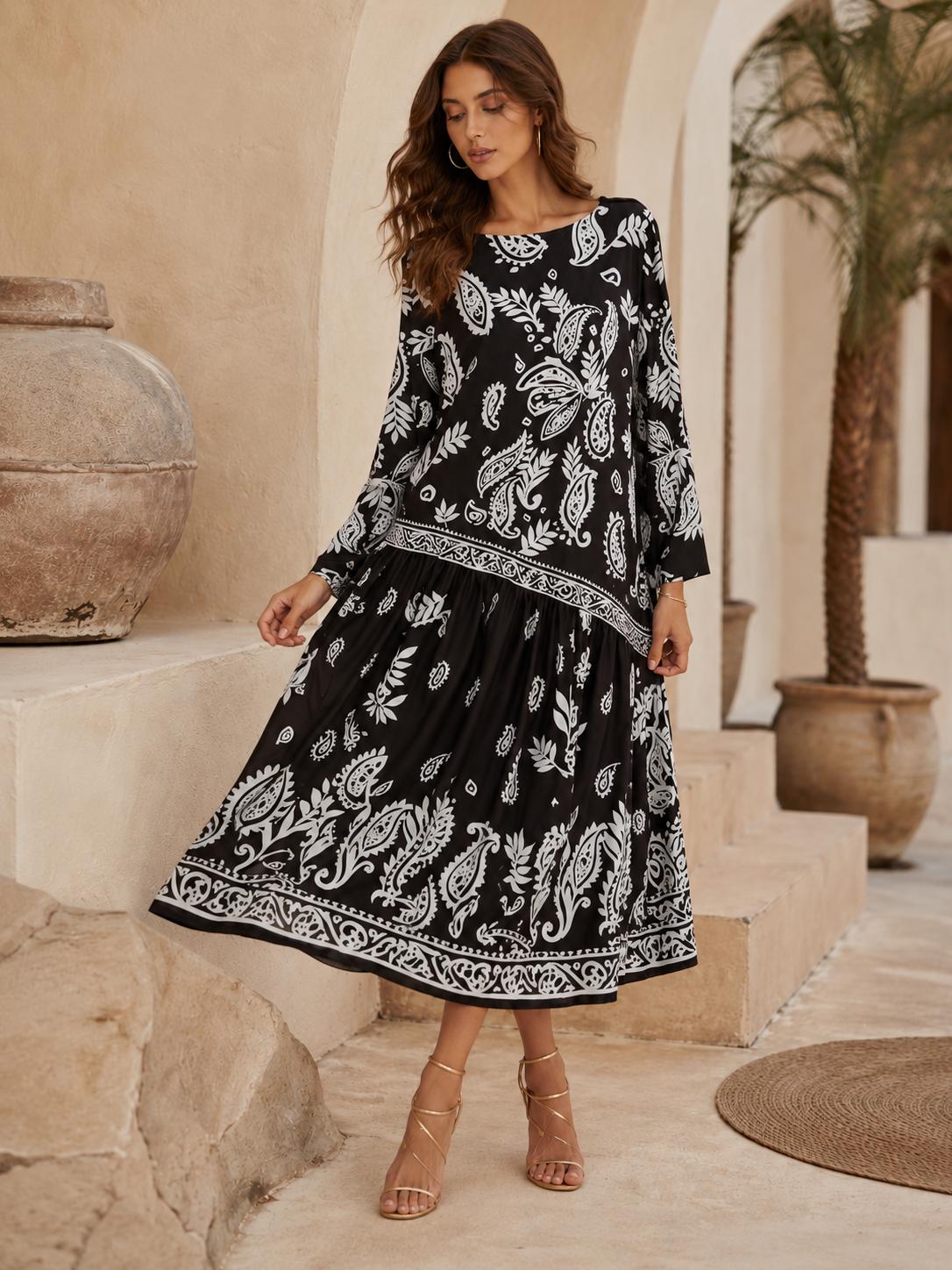 Women’s Premium Silk Paisley Long-Sleeve Boho A-Line Midi Dress, Bohemian Casual Wear for Vacation, Hand Washable image 3