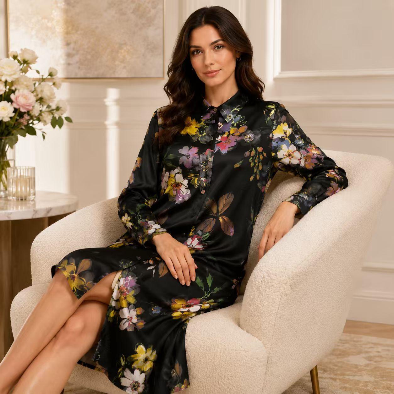 Women's Silky Satin Black Floral Print Long Sleeve Shirt Pullover - Collared Neck, Loose Straight Fit, Minimalist Knee-Length Shift Dress, Suitable for Office & Casual Wear Womenswear Summer image 3