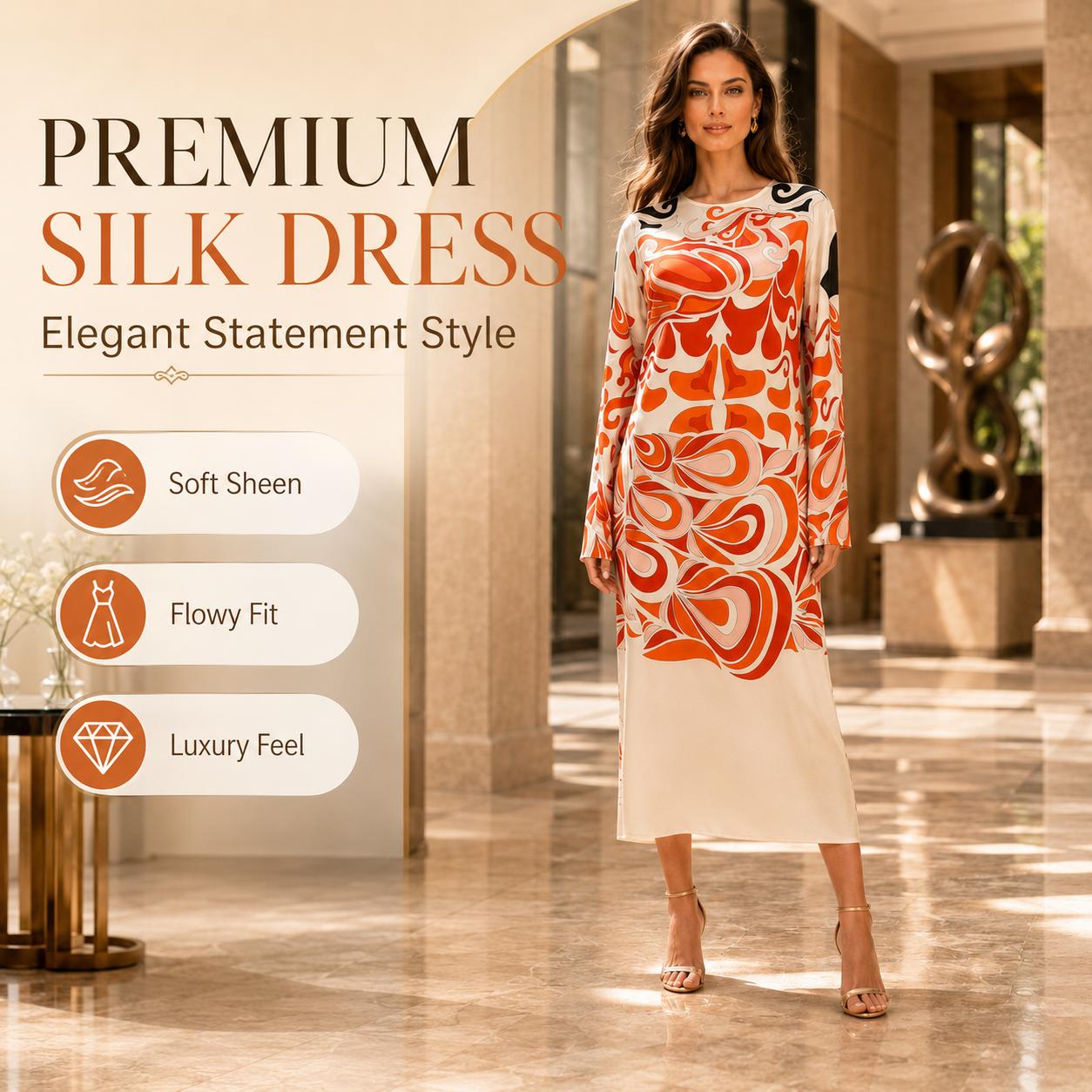 Light luxury satin orange abstract swirl print crew neck flared long sleeves midi dress Bohemian island vacation party high-end straight long dress image 3